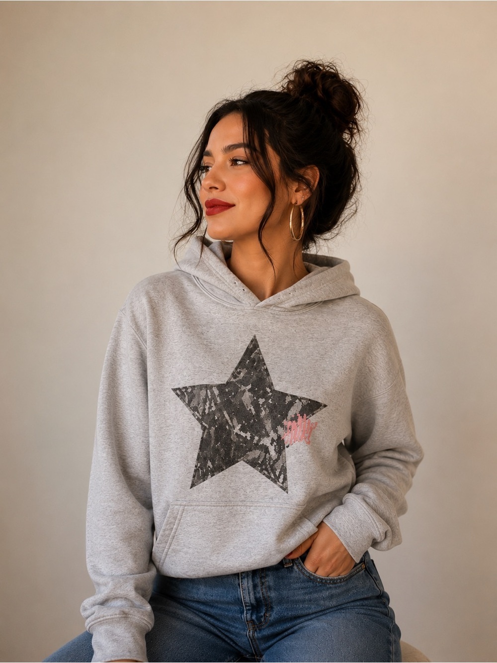 Camo Grey Star Graphic Boyfriend Oversized Fit Hoodie Size‎ Small